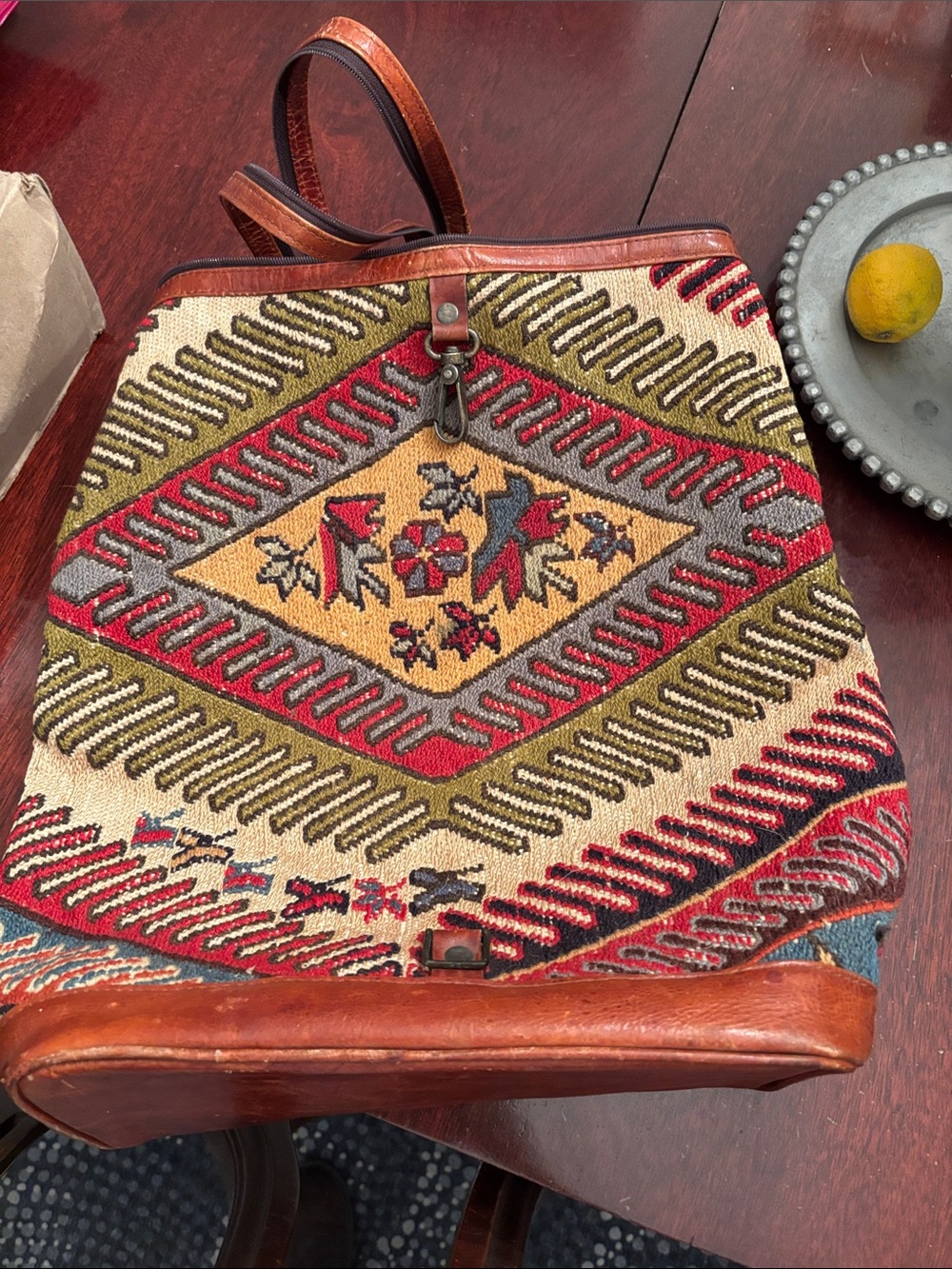 Handwoven Multicolor Geometric Canvas Kilim vintage Backpack with Leather Trim